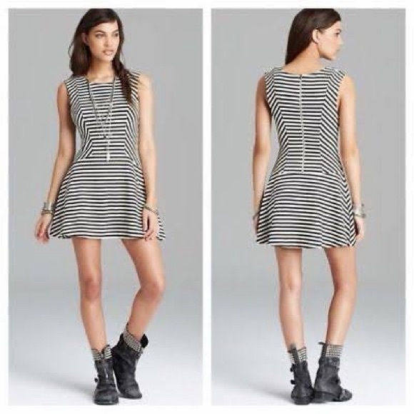 Free People Dresses & Skirts - Free People Cha Cha Black White Stripe Skater Dress Sleeveless Fit Flare M